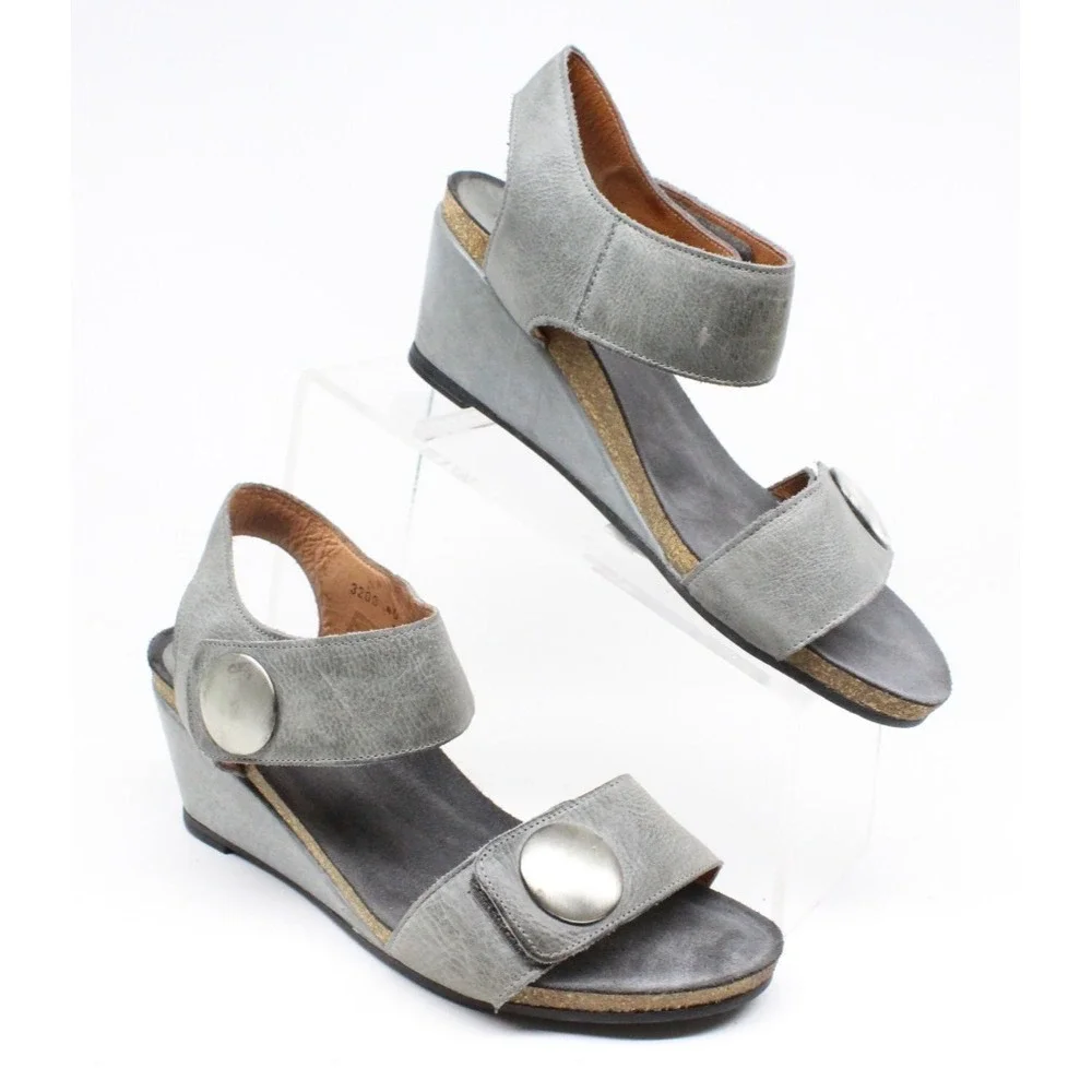 Taos Carousel 2 Grey Leather Wedge‎ Open Toe Slingback Sandal Womens 40 US 9-9.5